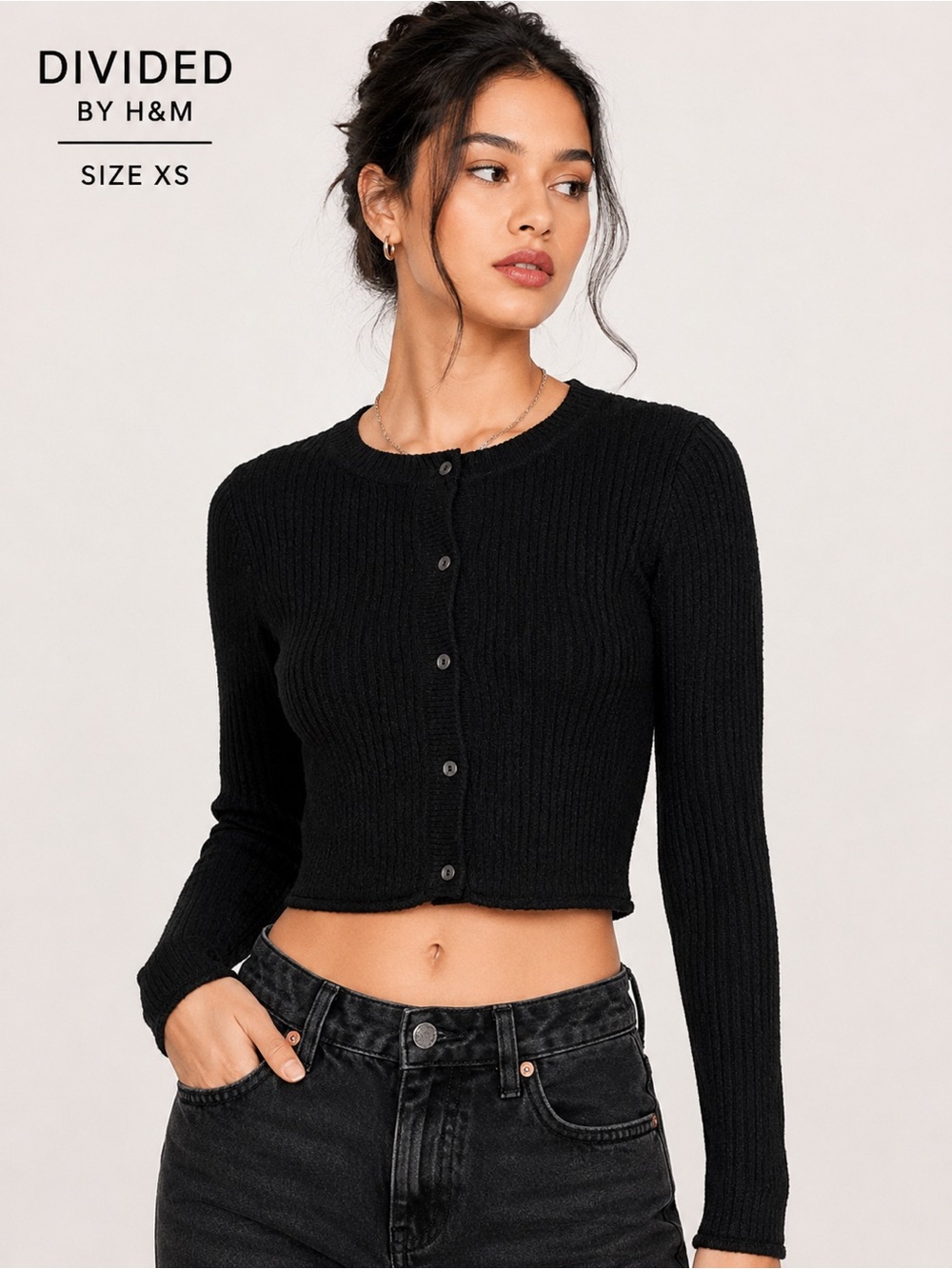 Divided by H&M Black Ribbed Cropped Cardigan Sweater XS Button Front